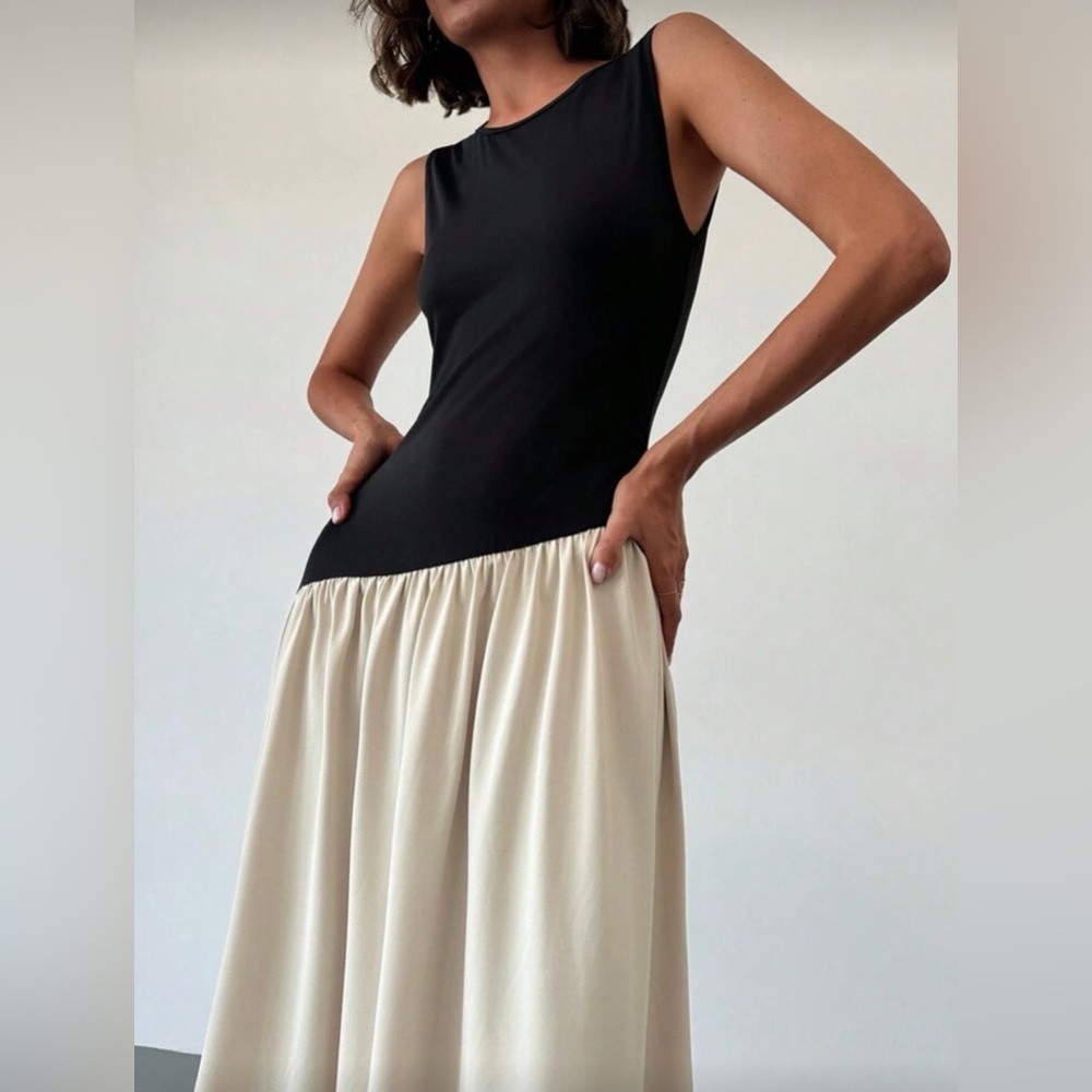 Black and Cream Asymmetrical Drop Waist Maxi Dress Minimalist Chic Style - Picture 4 of 7